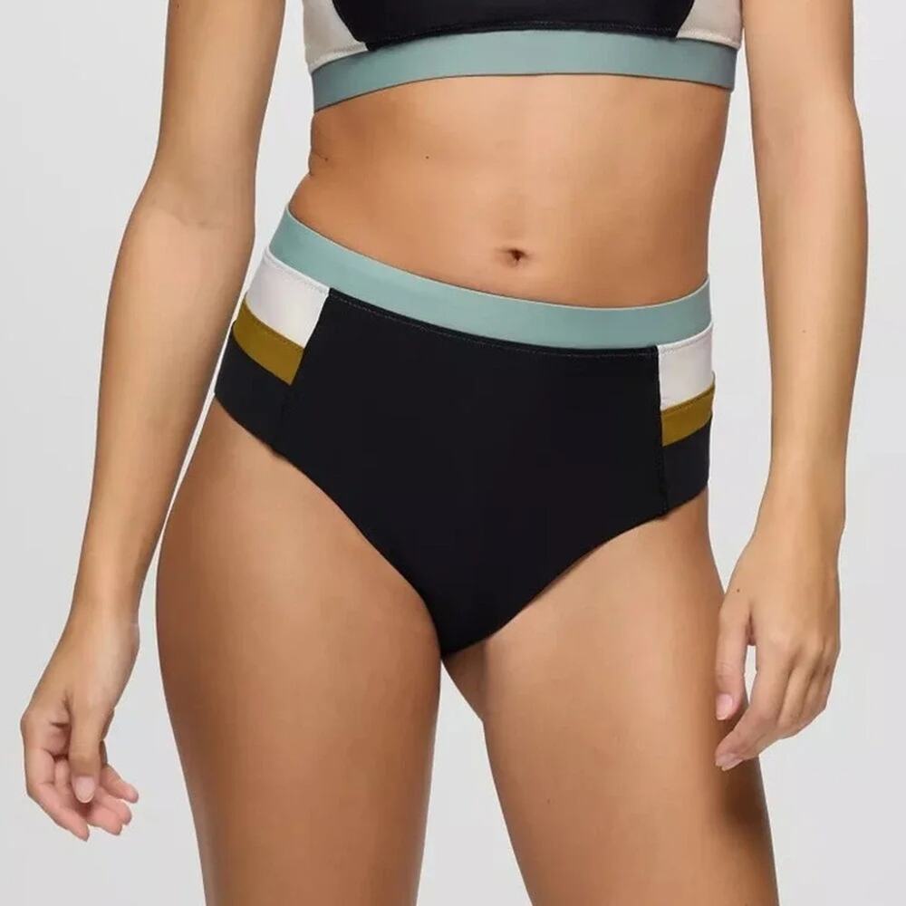 Prana Baja Bound High Rise Swim Bottom Women XS Black Colorblock Quick Dry Brief